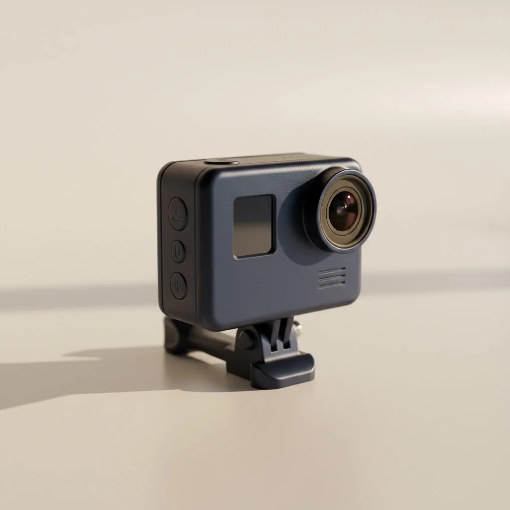 Mini action camera mounted on a helmet