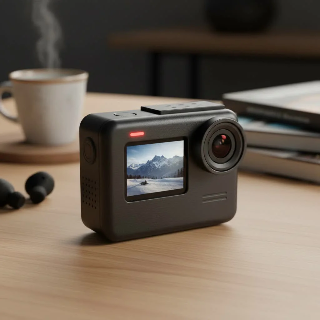 Akaso Brave 7 LE action camera capturing a scenic outdoor shot