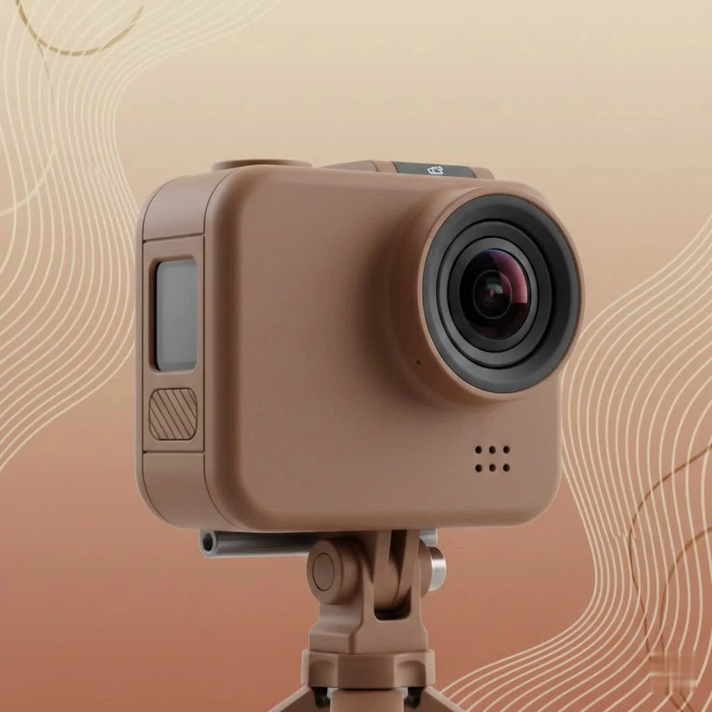 Person holding a 360 action camera on an invisible selfie stick