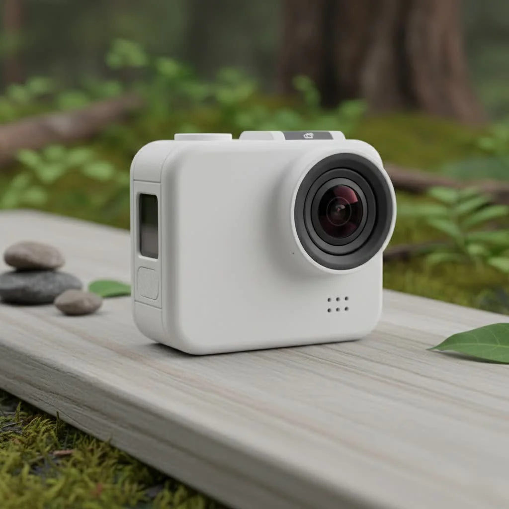 Cyclist with an action camera mounted on their helmet, riding on a scenic road