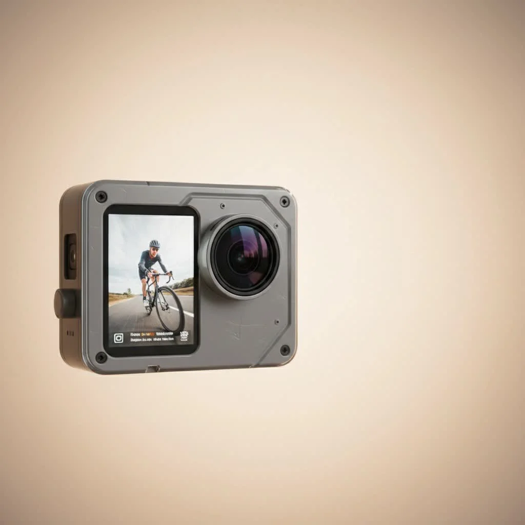 Person filming with an action camera on a mountain bike trail