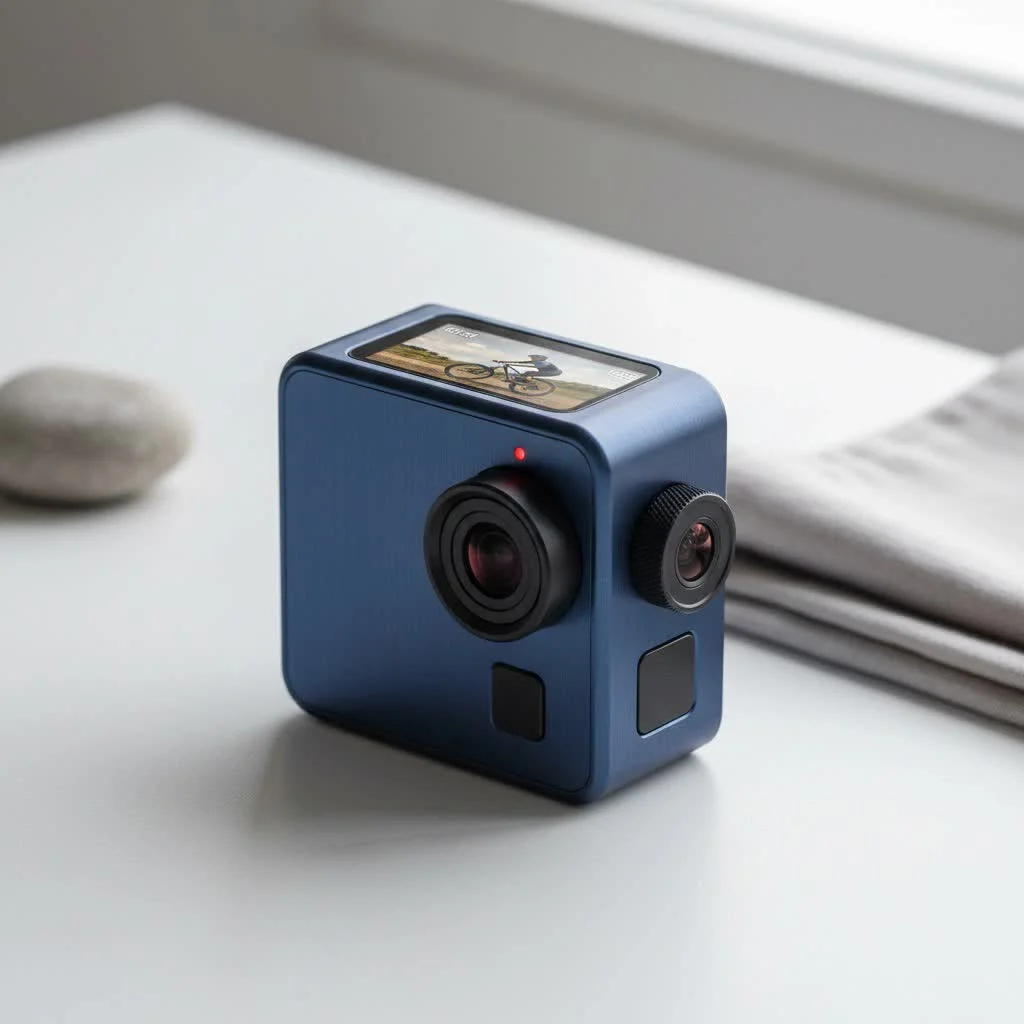Diver filming coral reef with an underwater action camera